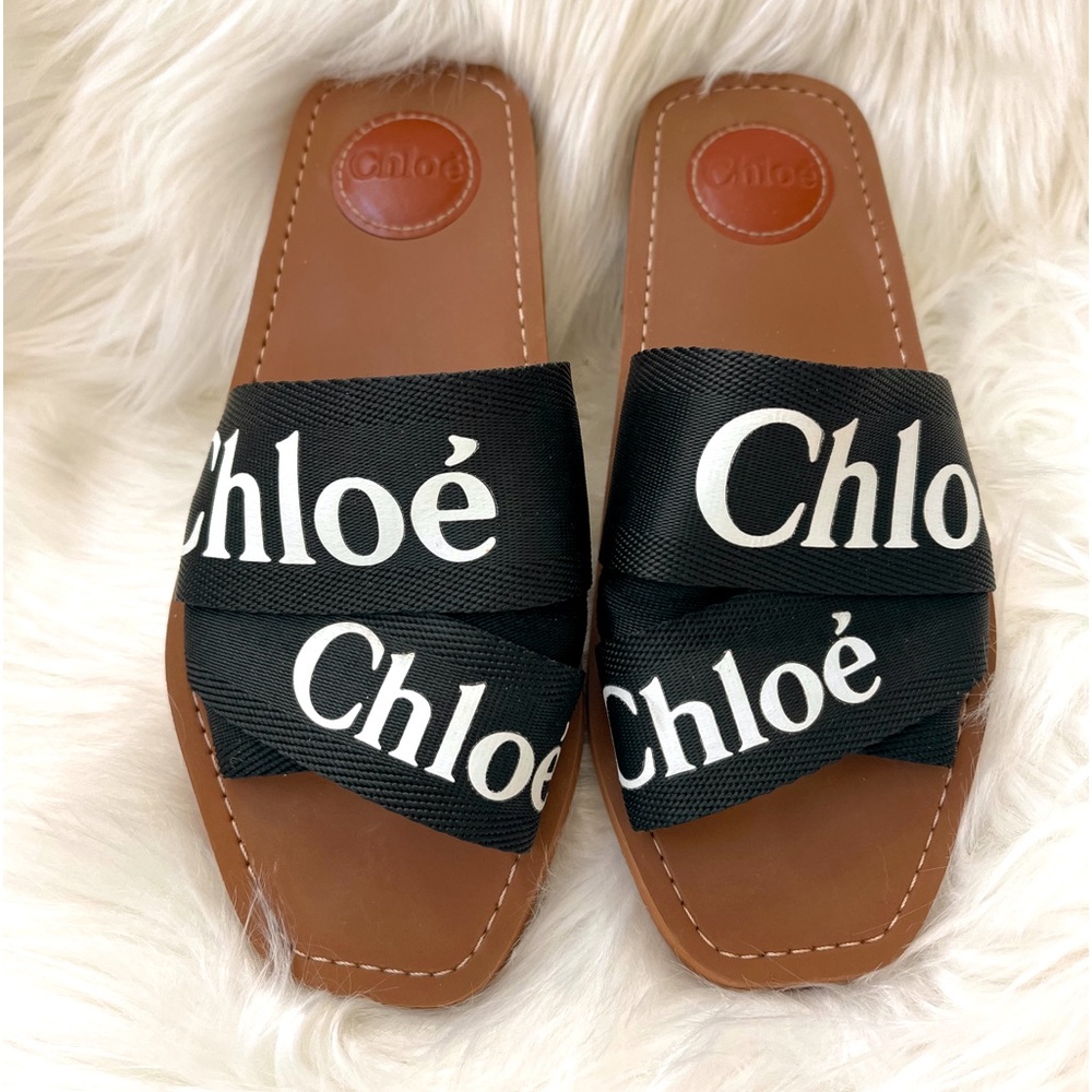 Chloé Woody Ribbon Canvas Slide | Black White | Size 37
